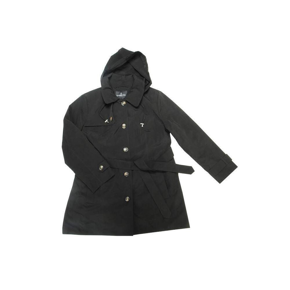 LONDON FOG Womens X-Large XL Black Midi-Length Hooded Belted Trench Coat